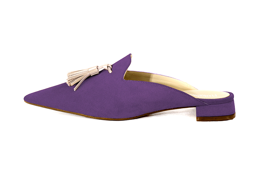 Amethyst purple and gold women's loafer mules. Pointed toe. Flat flare heels. Profile view - Florence KOOIJMAN